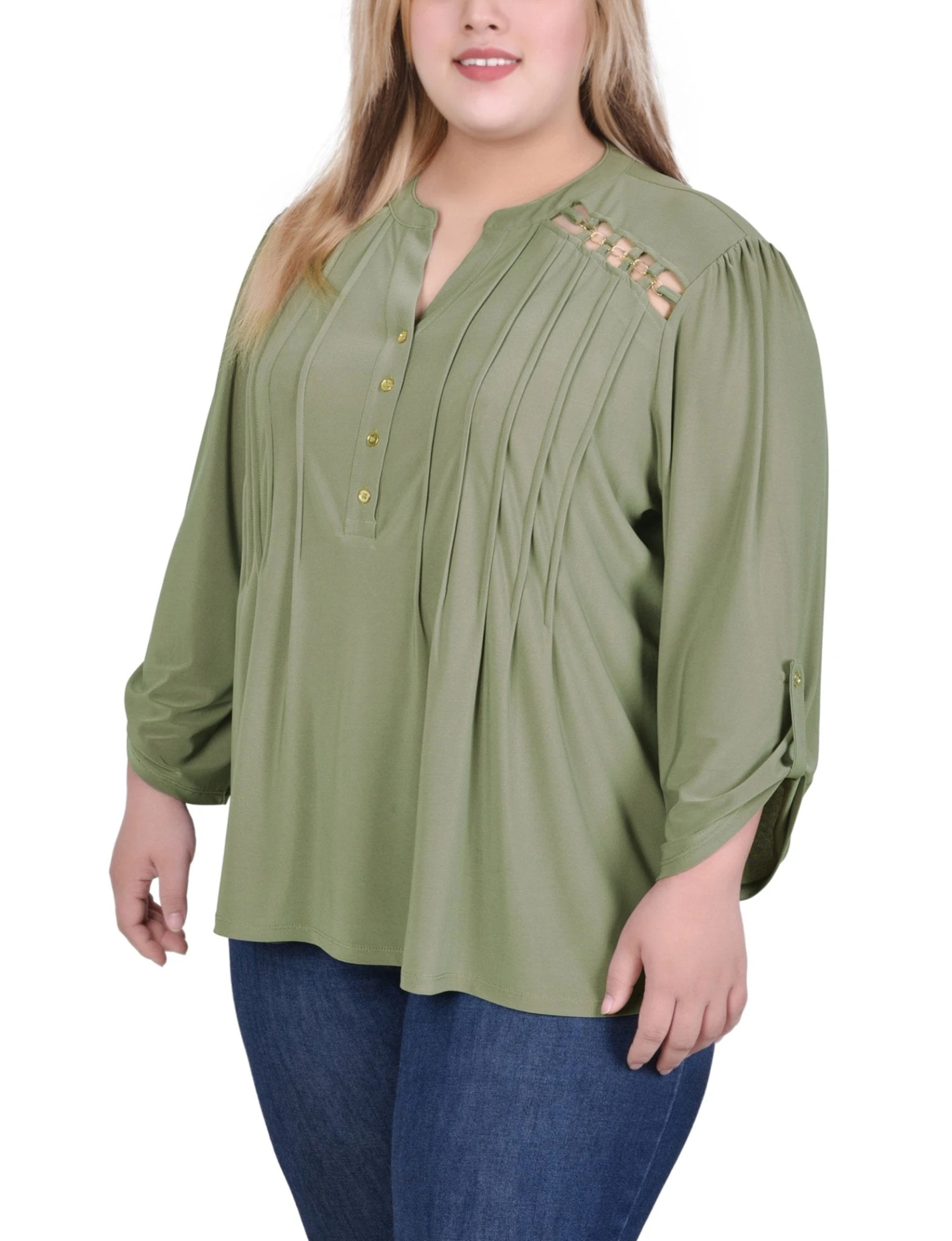 Plus Size Burnt Olive Pintuck Front Top with Chain Detail 2 Plus Size Burnt Olive Pintuck Front Top with Chain Detail - Image 2