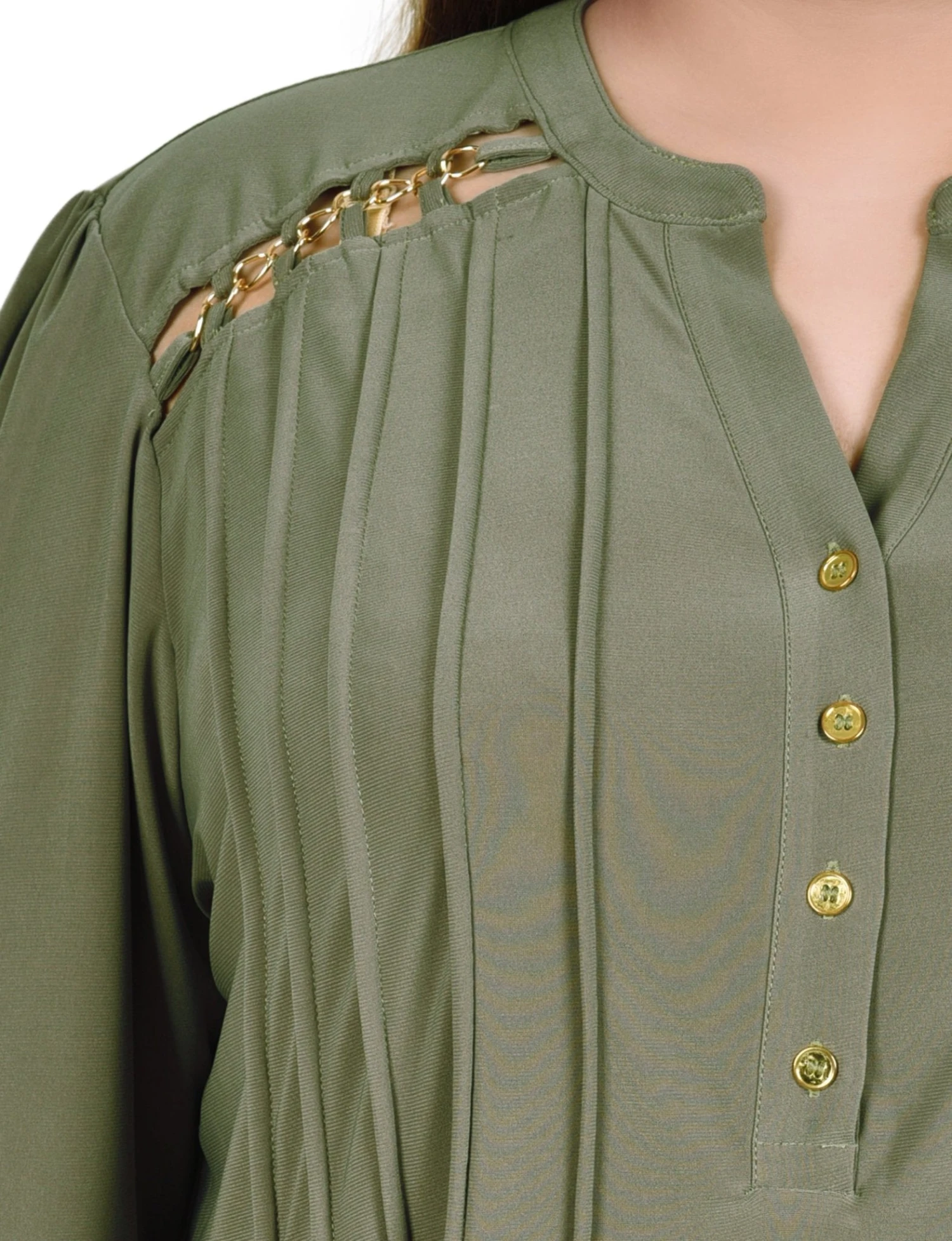 Plus Size Burnt Olive Pintuck Front Top with Chain Detail 3 Plus Size Burnt Olive Pintuck Front Top with Chain Detail - Image 3