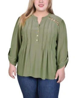 Plus Size Burnt Olive Pintuck Front Top with Chain Detail