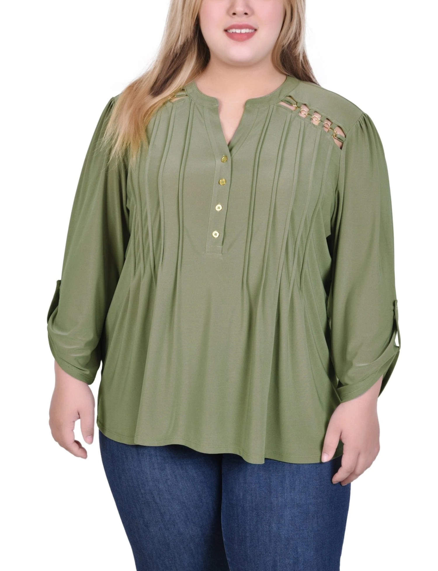 Plus Size Burnt Olive Pintuck Front Top with Chain Detail 1 Plus Size Burnt Olive Pintuck Front Top with Chain Detail