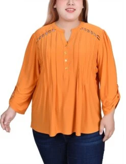Plus Size Pintuck Front Top with Chain Detail and Roll Tab Sleeves