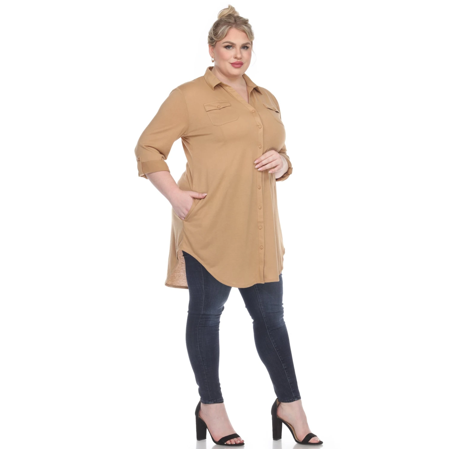 Women's Plus Size Color Block Button Down Tunic with Side Pockets 8 Women's Plus Size Color Block Button Down Tunic with Side Pockets - Image 8