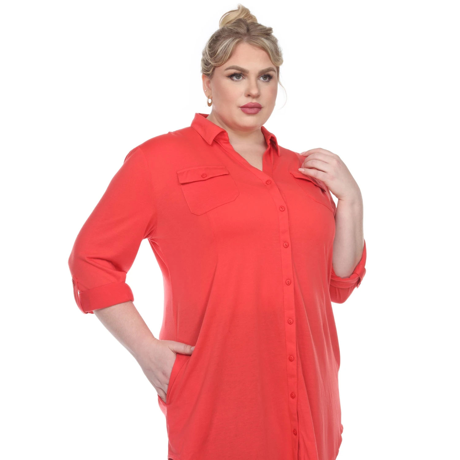 Women's Plus Size Color Block Button Down Tunic with Side Pockets 15 Women's Plus Size Color Block Button Down Tunic with Side Pockets - Image 15