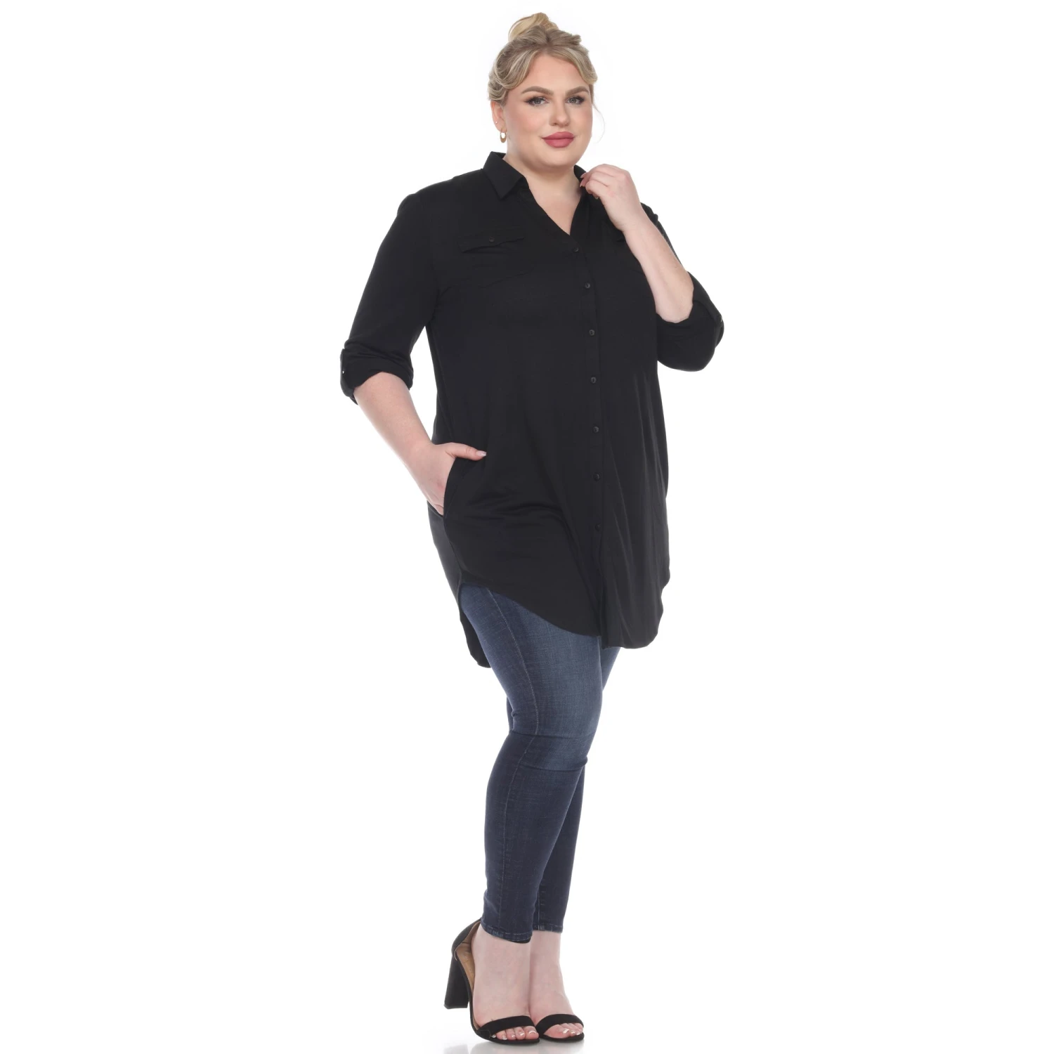 Women's Plus Size Color Block Button Down Tunic with Side Pockets 18 Women's Plus Size Color Block Button Down Tunic with Side Pockets - Image 18