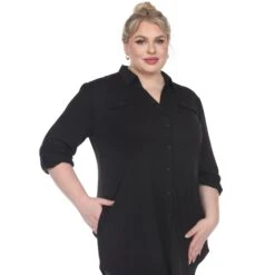 Women's Plus Size Color Block Button Down Tunic with Side Pockets 39 Women's Plus Size Color Block Button Down Tunic with Side Pockets -Dressbarn Store button down stretchy tunic plus 213849