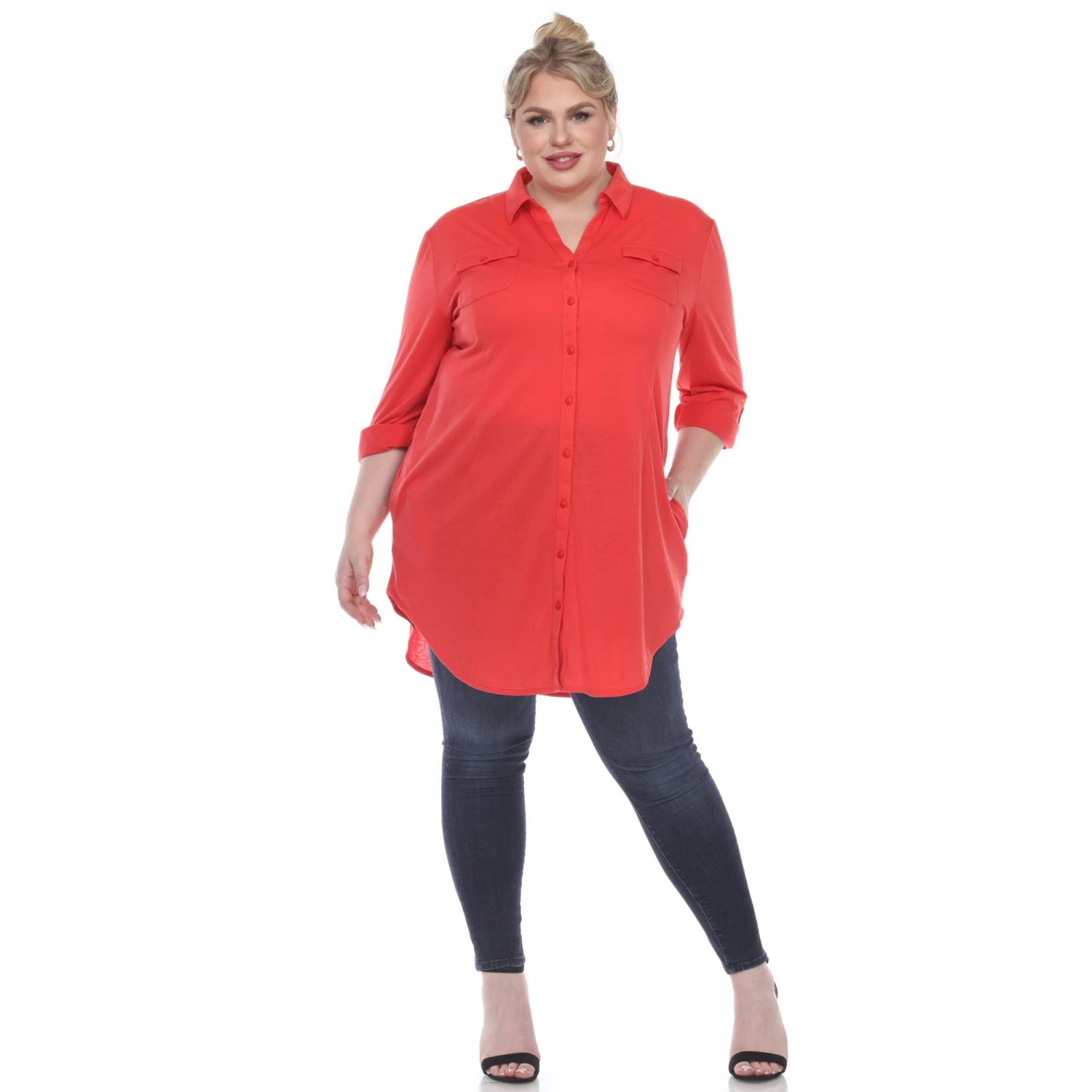 Women's Plus Size Color Block Button Down Tunic with Side Pockets 12 Women's Plus Size Color Block Button Down Tunic with Side Pockets - Image 12