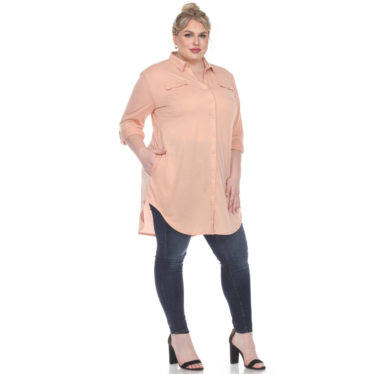 Women's Plus Size Color Block Button Down Tunic with Side Pockets 3 Women's Plus Size Color Block Button Down Tunic with Side Pockets - Image 3