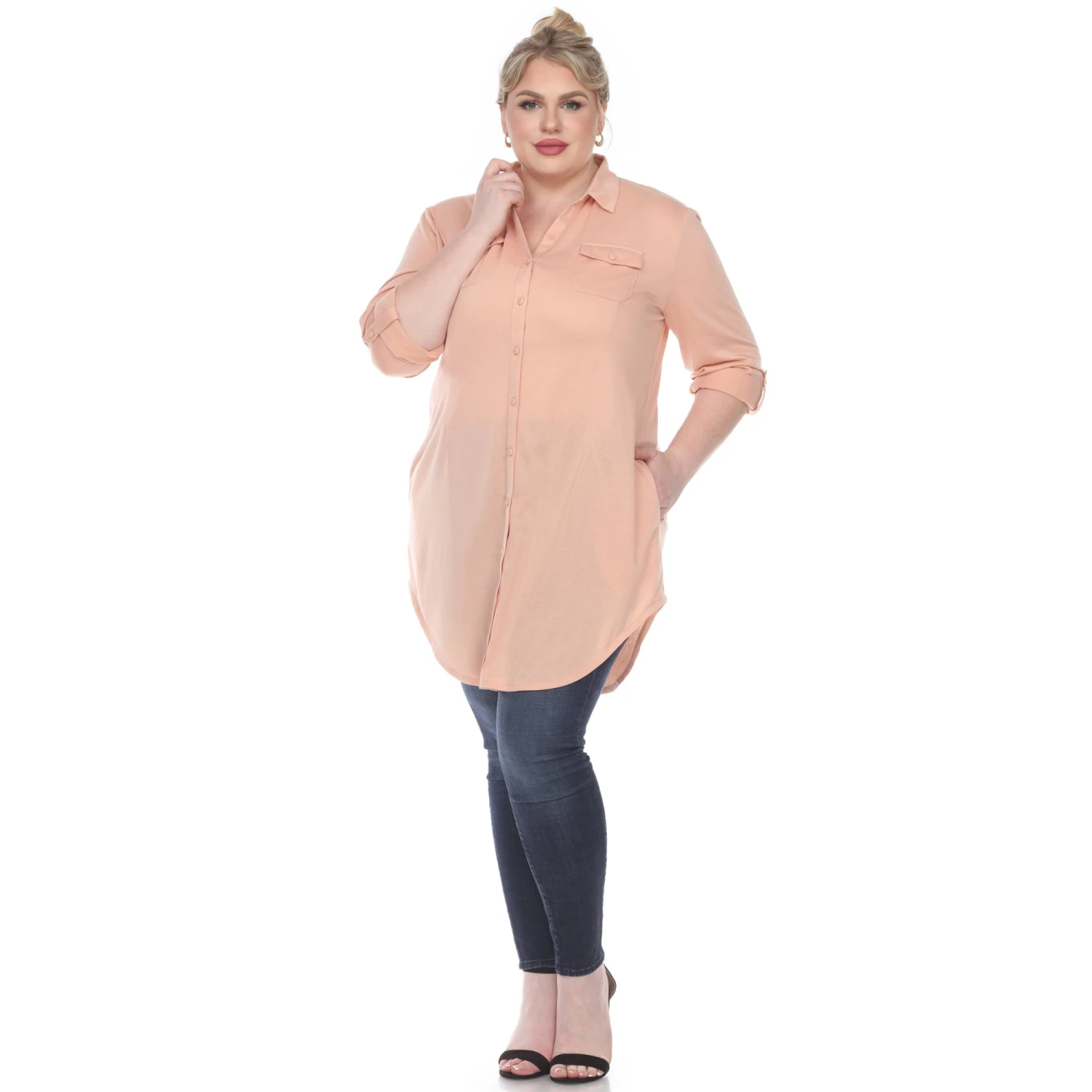 Women's Plus Size Color Block Button Down Tunic with Side Pockets 2 Women's Plus Size Color Block Button Down Tunic with Side Pockets - Image 2