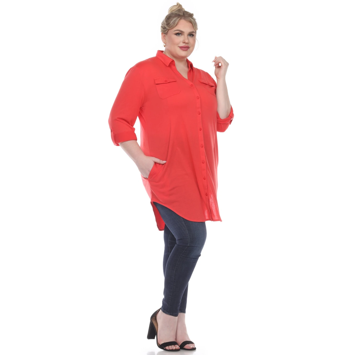 Women's Plus Size Color Block Button Down Tunic with Side Pockets 13 Women's Plus Size Color Block Button Down Tunic with Side Pockets - Image 13