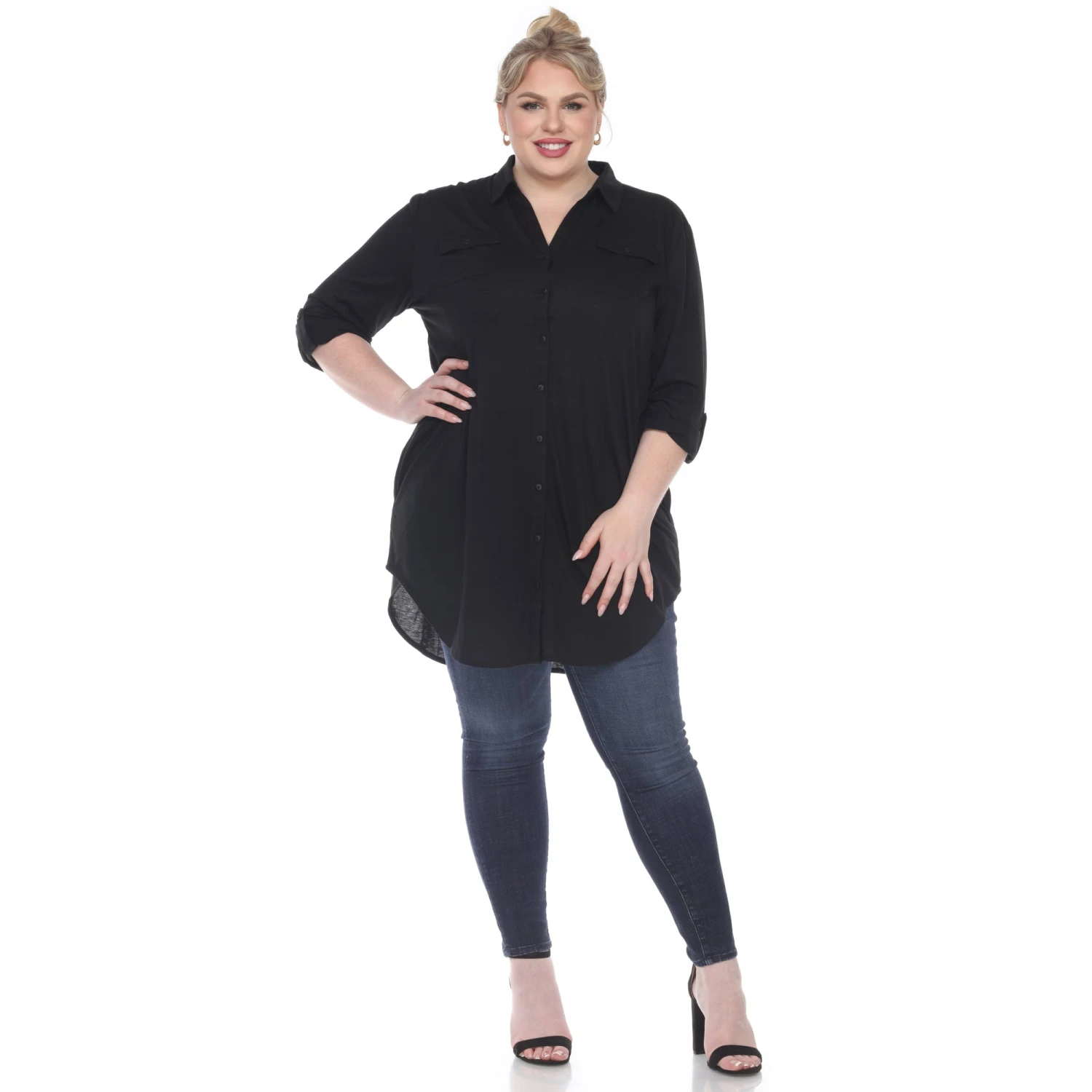 Women's Plus Size Color Block Button Down Tunic with Side Pockets 16 Women's Plus Size Color Block Button Down Tunic with Side Pockets - Image 16
