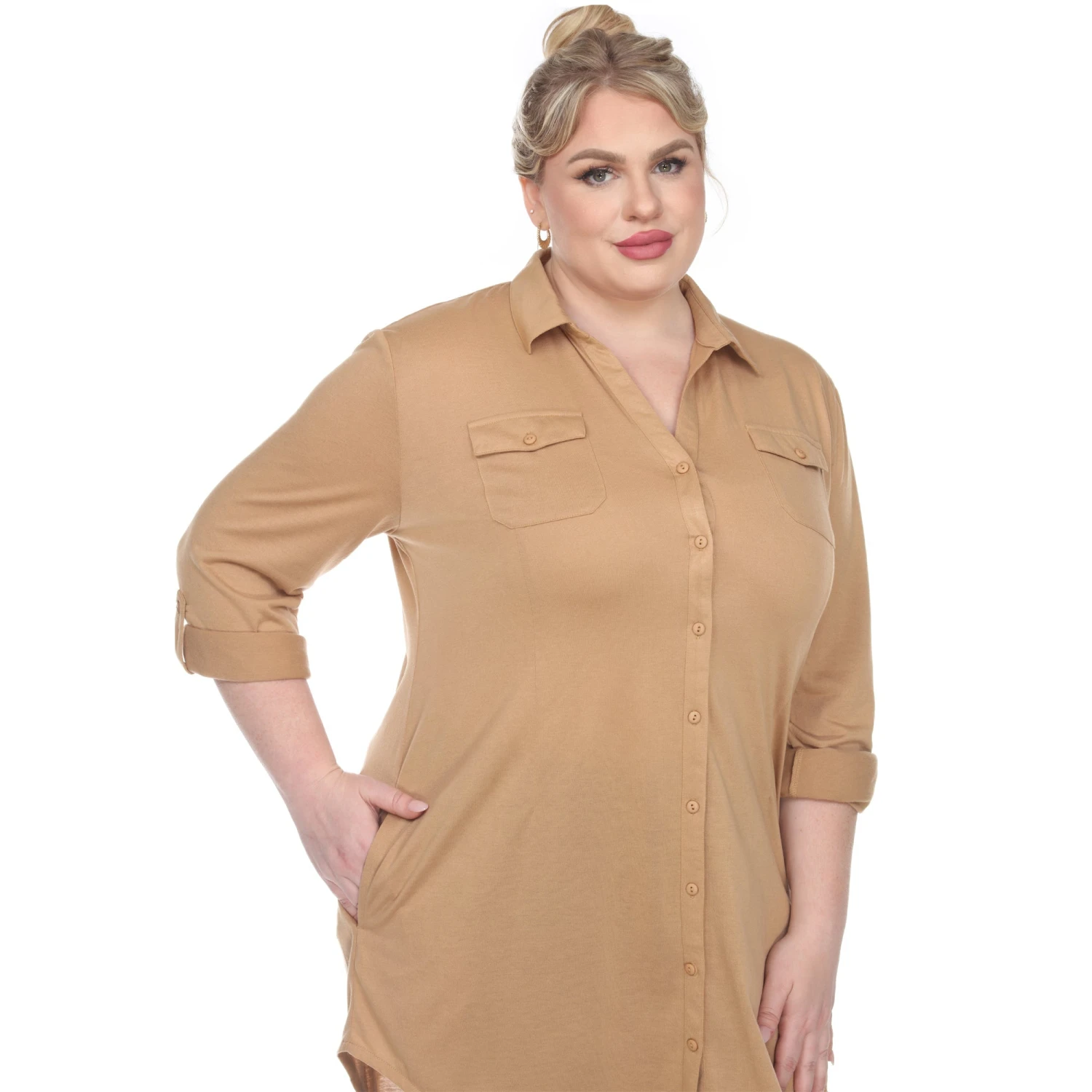 Women's Plus Size Color Block Button Down Tunic with Side Pockets 10 Women's Plus Size Color Block Button Down Tunic with Side Pockets - Image 10