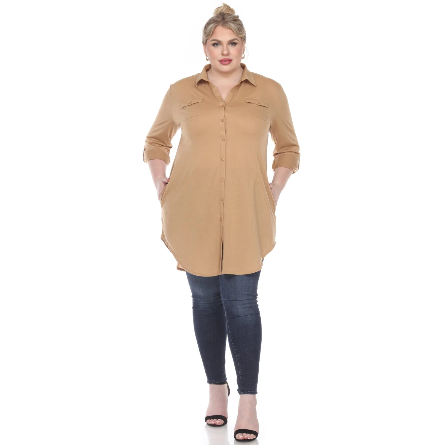 Women's Plus Size Color Block Button Down Tunic with Side Pockets 7 Women's Plus Size Color Block Button Down Tunic with Side Pockets - Image 7