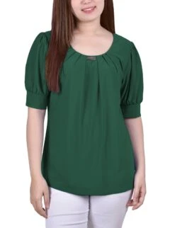 Petite Green Short Sleeve Balloon Sleeve Knit Top with Hardware Detail