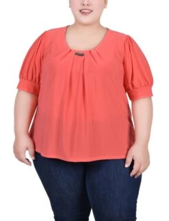 Plus Size Calypso Coral Knit Top with Balloon Sleeves & Hardware