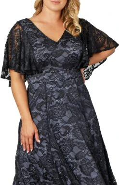 Camille Plus Size Lace Cocktail Dress with Flattering Draped Sleeves