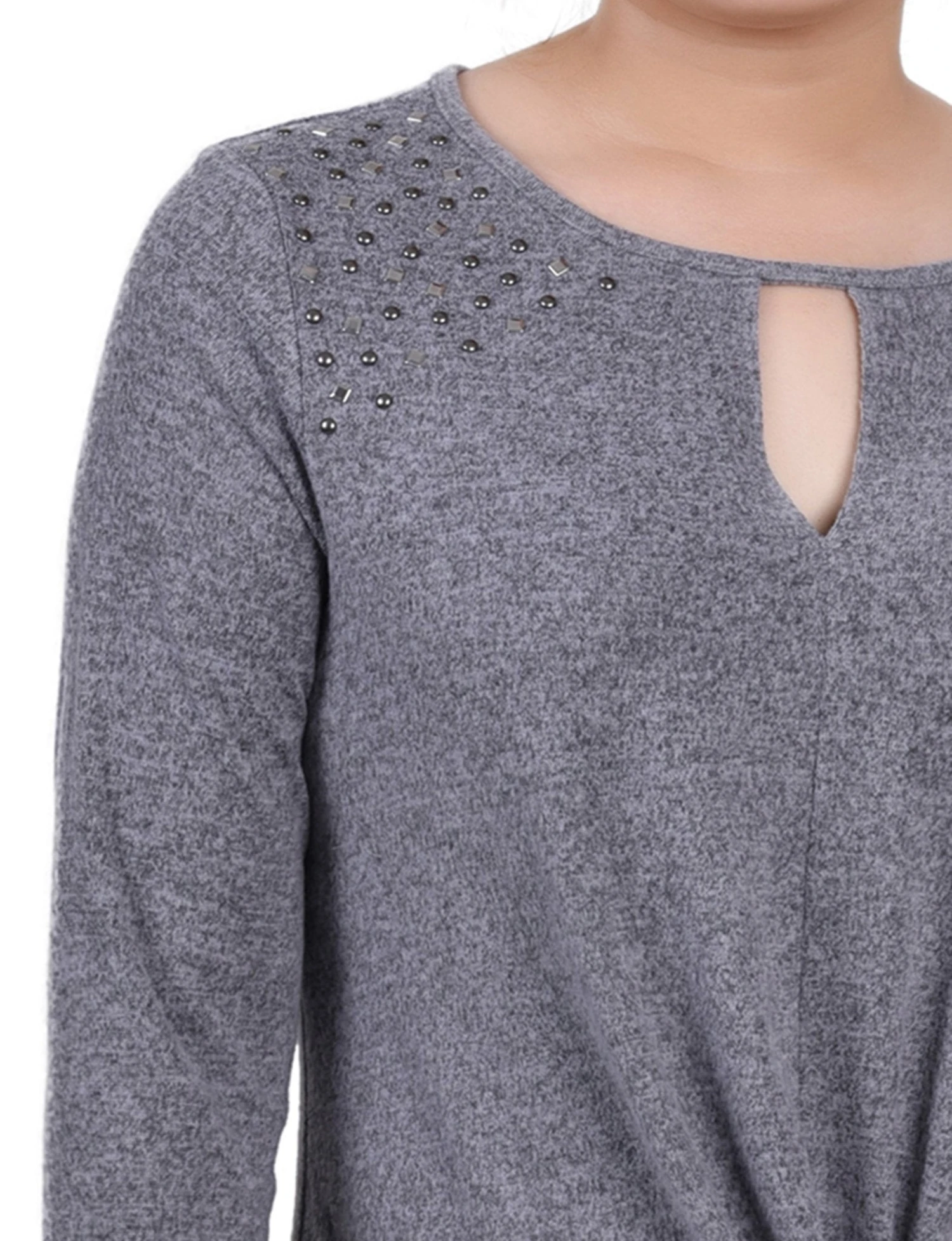 Petite Studded Keyhole Knit Top - Charcoal Long Sleeve 3 Petite Studded Keyhole Knit Top - Charcoal Long Sleeve - Image 3
