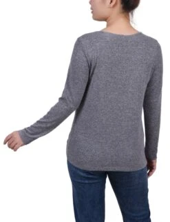 Petite Studded Keyhole Knit Top - Charcoal Long Sleeve 7 Petite Studded Keyhole Knit Top - Charcoal Long Sleeve -Dressbarn Store charcoal long sleeve knit keyhole top with studs petite 997657