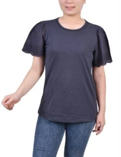 Charcoal Flutter Eyelet Sleeve Pullover - Feminine Lace Detail Top