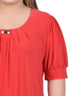 Red Plus Size Balloon Sleeve Top with Hardware Detail 6 Red Plus Size Balloon Sleeve Top with Hardware Detail -Dressbarn Store chinese red short sleeve balloon sleeve top with hardware plus 156557