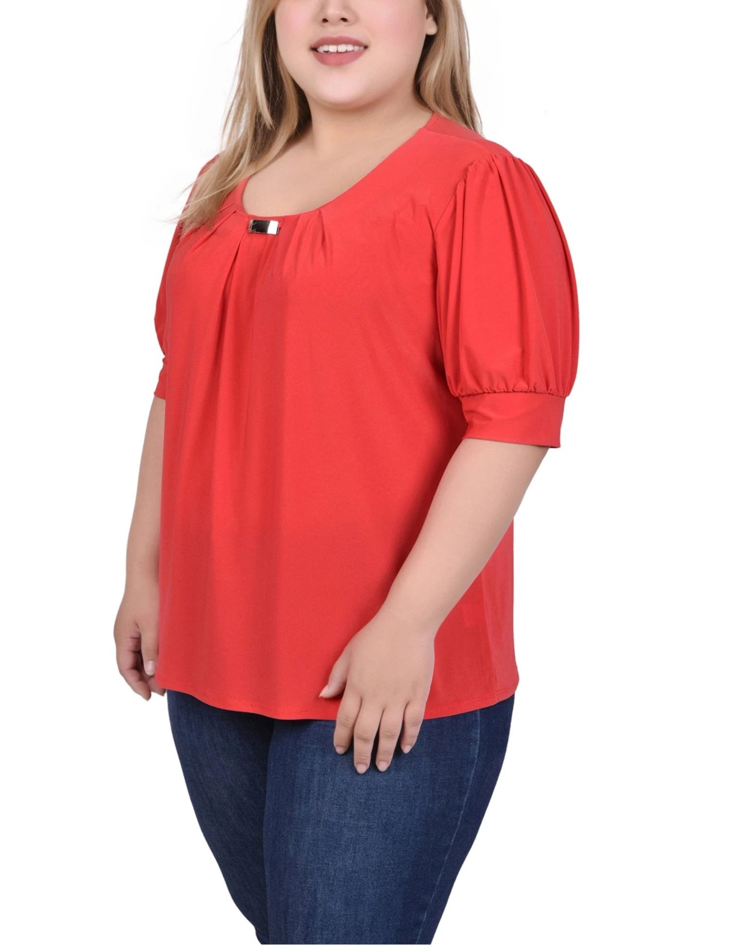 Red Plus Size Balloon Sleeve Top with Hardware Detail 2 Red Plus Size Balloon Sleeve Top with Hardware Detail - Image 2