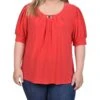 Red Plus Size Balloon Sleeve Top with Hardware Detail