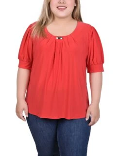 Red Plus Size Balloon Sleeve Top with Hardware Detail