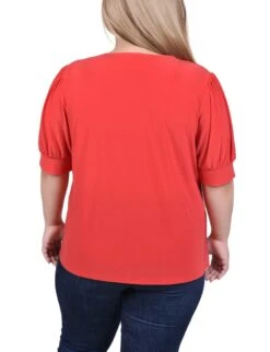 Red Plus Size Balloon Sleeve Top with Hardware Detail 7 Red Plus Size Balloon Sleeve Top with Hardware Detail -Dressbarn Store chinese red short sleeve balloon sleeve top with hardware plus 900507