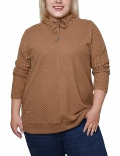 Plus Size Cinnamon Ribbed Long Sleeve Hoodie with Banded Bottom