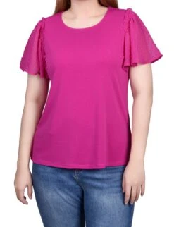 NY Collection Clip Dot Flutter Sleeve Top - Relaxed Crepe Knit -Dressbarn Store clip dot flutter sleeve top 414084