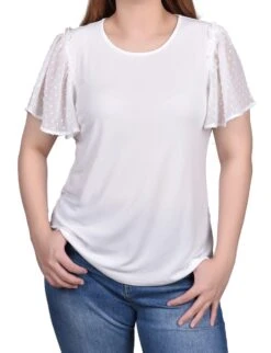 NY Collection Clip Dot Flutter Sleeve Top - Relaxed Crepe Knit