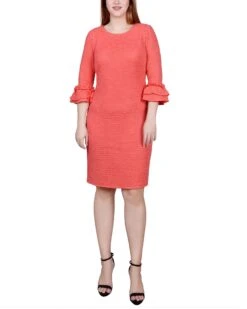 Coral 3/4 Sleeve Textured Knit Dress with Ruffle Details