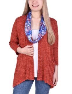 Petite Coral 3-Piece Cardigan Set with Scarf and Underlay