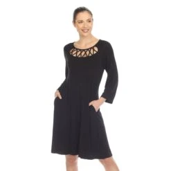 Criss Cross Neckline Swing Midi Dress - Versatile 3/4 Sleeve Trapeze Style