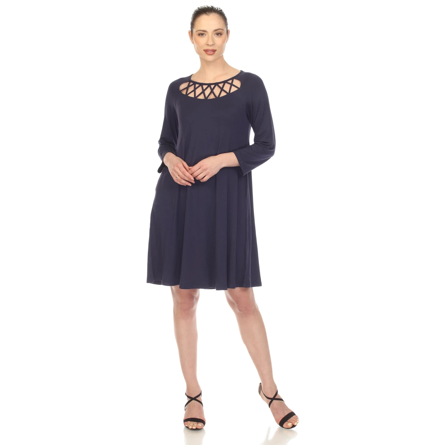 Criss Cross Neckline Swing Midi Dress - Versatile 3/4 Sleeve Trapeze Style 10 Criss Cross Neckline Swing Midi Dress - Versatile 3/4 Sleeve Trapeze Style - Image 10