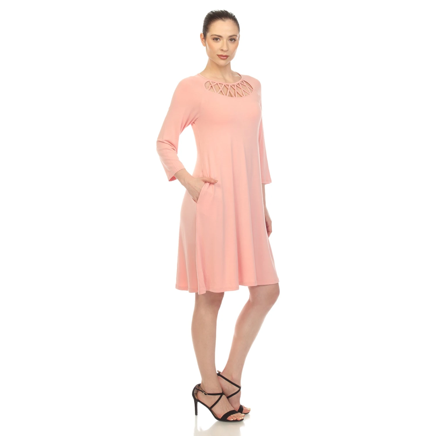 Criss Cross Neckline Swing Midi Dress - Versatile 3/4 Sleeve Trapeze Style 6 Criss Cross Neckline Swing Midi Dress - Versatile 3/4 Sleeve Trapeze Style - Image 6