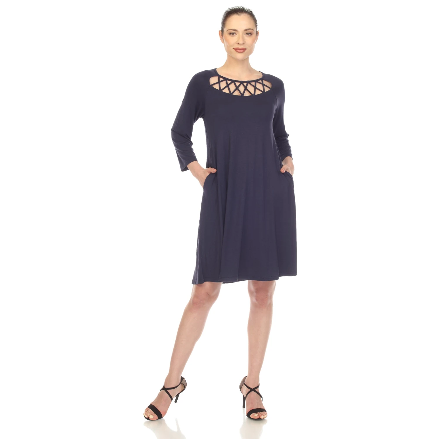 Criss Cross Neckline Swing Midi Dress - Versatile 3/4 Sleeve Trapeze Style 14 Criss Cross Neckline Swing Midi Dress - Versatile 3/4 Sleeve Trapeze Style - Image 14