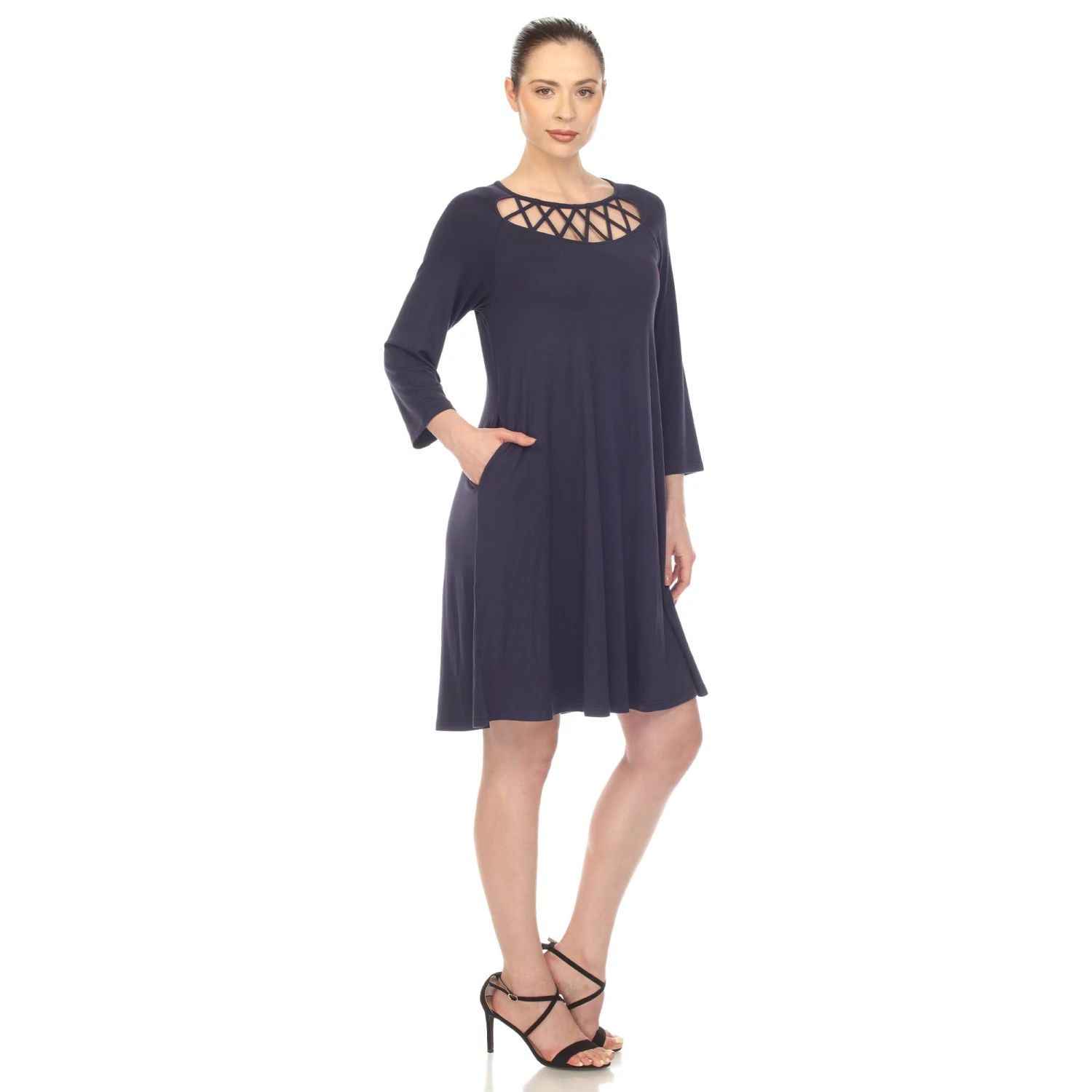 Criss Cross Neckline Swing Midi Dress - Versatile 3/4 Sleeve Trapeze Style 12 Criss Cross Neckline Swing Midi Dress - Versatile 3/4 Sleeve Trapeze Style - Image 12