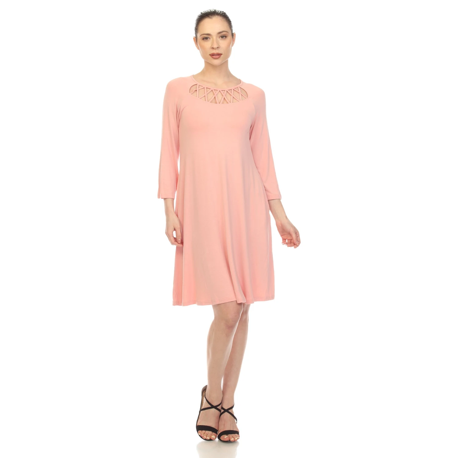 Criss Cross Neckline Swing Midi Dress - Versatile 3/4 Sleeve Trapeze Style 9 Criss Cross Neckline Swing Midi Dress - Versatile 3/4 Sleeve Trapeze Style - Image 9