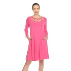 Criss Cross Neckline Swing Midi Dress - Versatile 3/4 Sleeve Trapeze Style 34 Criss Cross Neckline Swing Midi Dress - Versatile 3/4 Sleeve Trapeze Style -Dressbarn Store criss cross neckline swing midi dress 674697