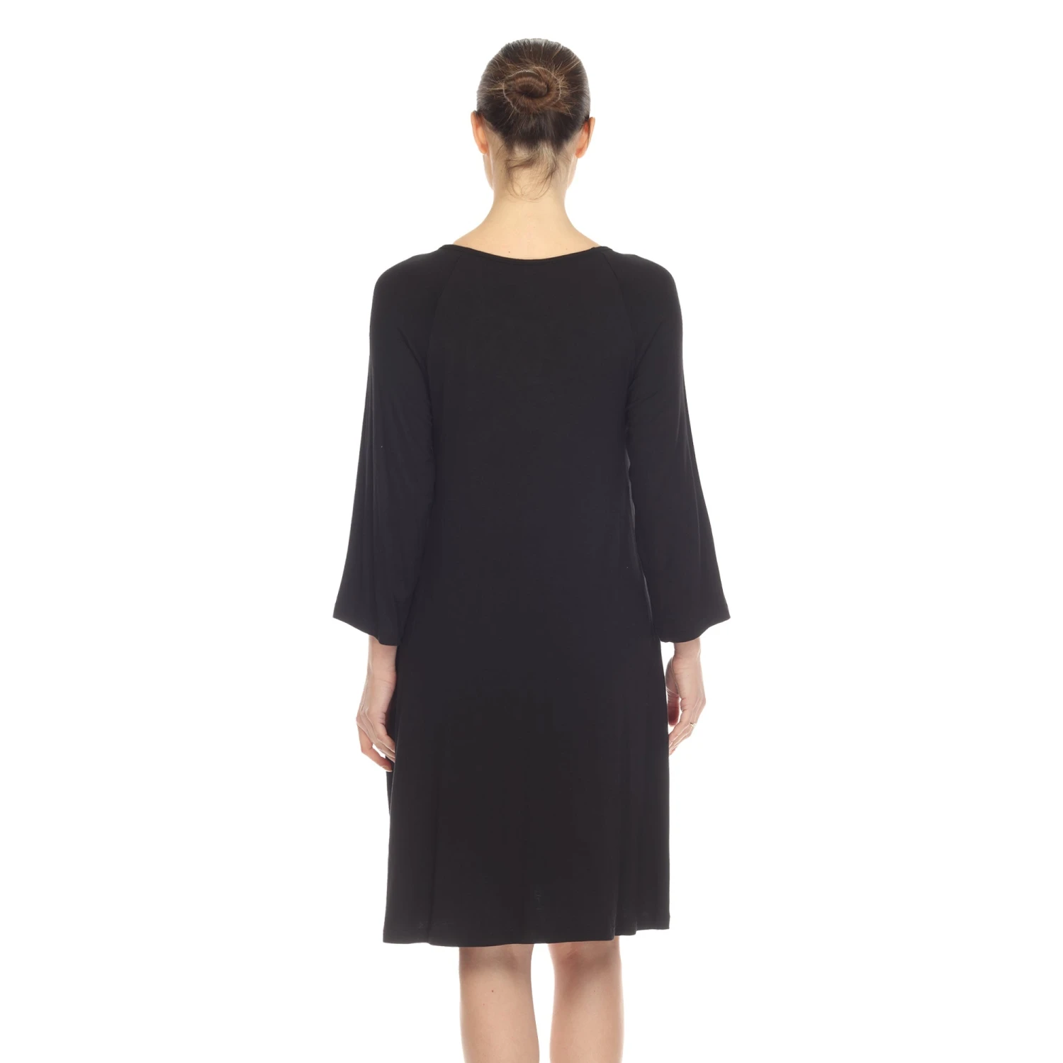 Criss Cross Neckline Swing Midi Dress - Versatile 3/4 Sleeve Trapeze Style 3 Criss Cross Neckline Swing Midi Dress - Versatile 3/4 Sleeve Trapeze Style - Image 3