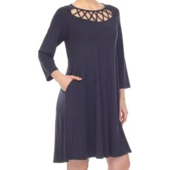 Criss Cross Neckline Swing Midi Dress - Versatile 3/4 Sleeve Trapeze Style 30 Criss Cross Neckline Swing Midi Dress - Versatile 3/4 Sleeve Trapeze Style -Dressbarn Store criss cross neckline swing midi dress 958658