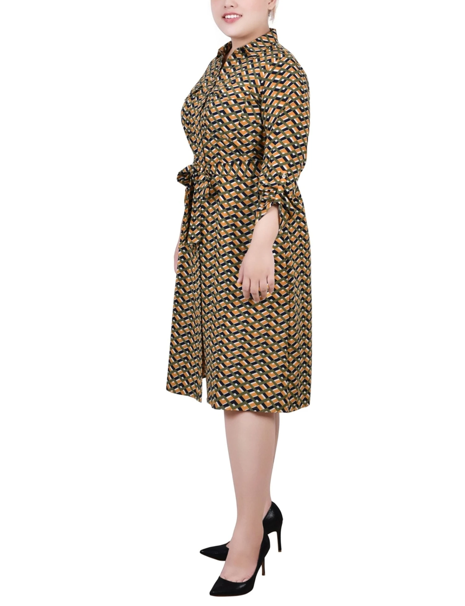 Cypress Plus Size Inca Gold & Navy Zigzag Belted Shirtdress 2 Cypress Plus Size Inca Gold & Navy Zigzag Belted Shirtdress - Image 2