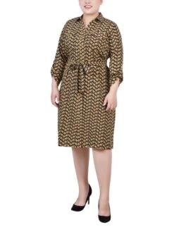 Cypress Plus Size Inca Gold & Navy Zigzag Belted Shirtdress