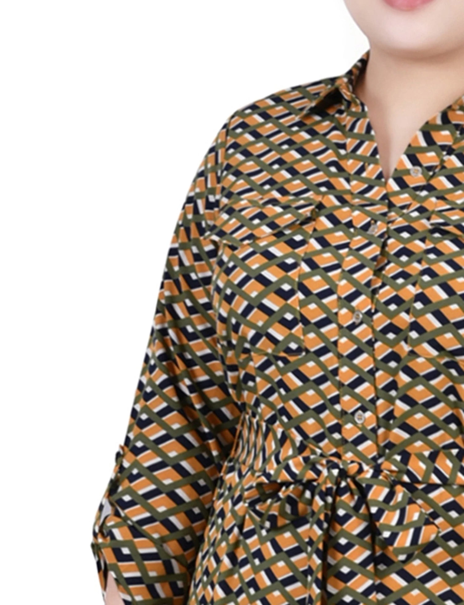 Cypress Plus Size Inca Gold & Navy Zigzag Belted Shirtdress 4 Cypress Plus Size Inca Gold & Navy Zigzag Belted Shirtdress - Image 4