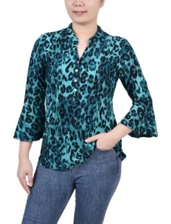 Petite 3/4 Bell Sleeve Pleat Front Y-Neck Top in Dark Teal