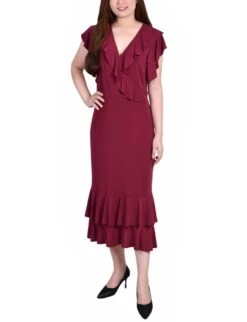 Petite Burgundy Flutter Sleeve Ruffle Neck Crepe Dress