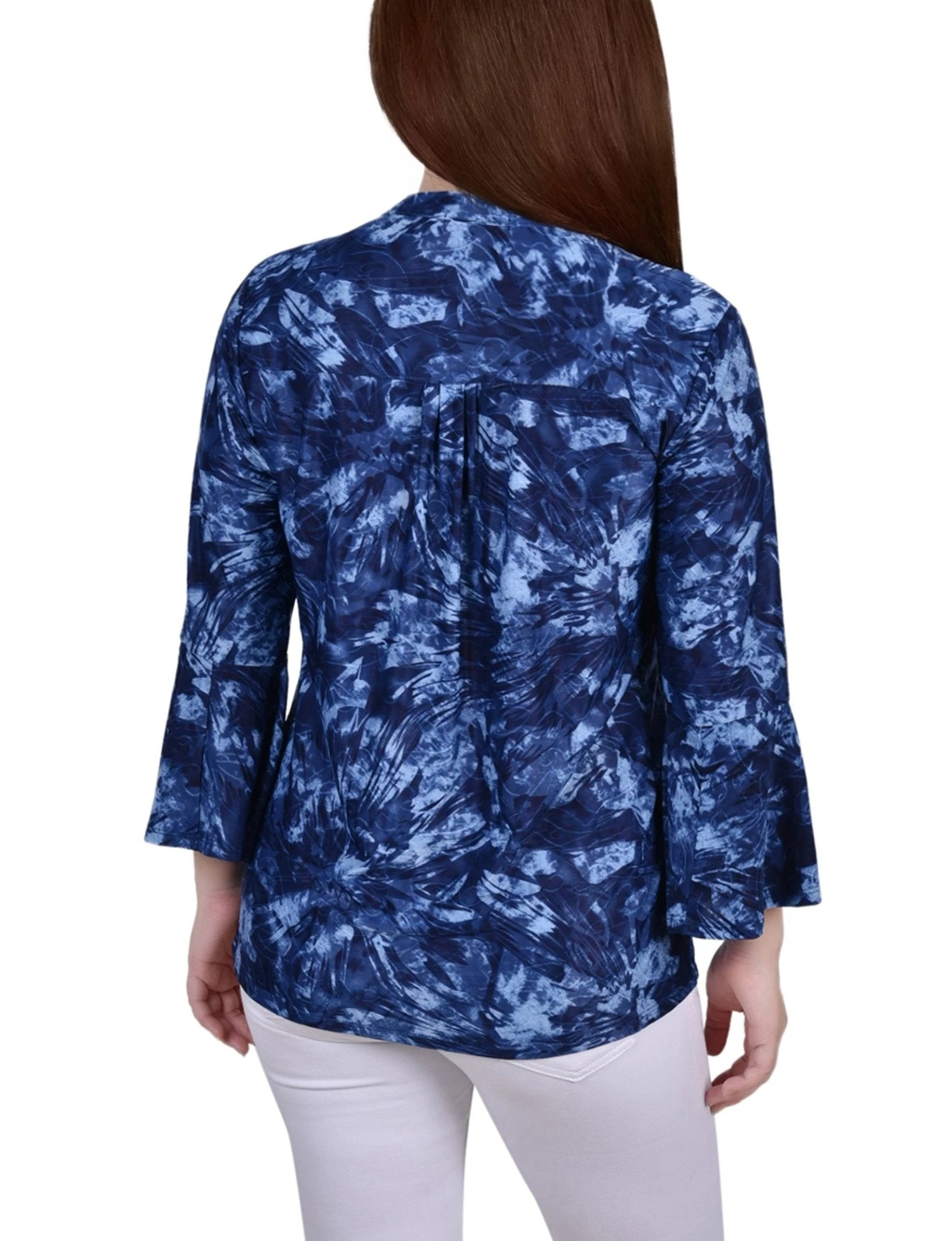 Denim Tie Dye 3/4 Bell Sleeve Pleat Front Y Neck Top 4 Denim Tie Dye 3/4 Bell Sleeve Pleat Front Y Neck Top - Image 4