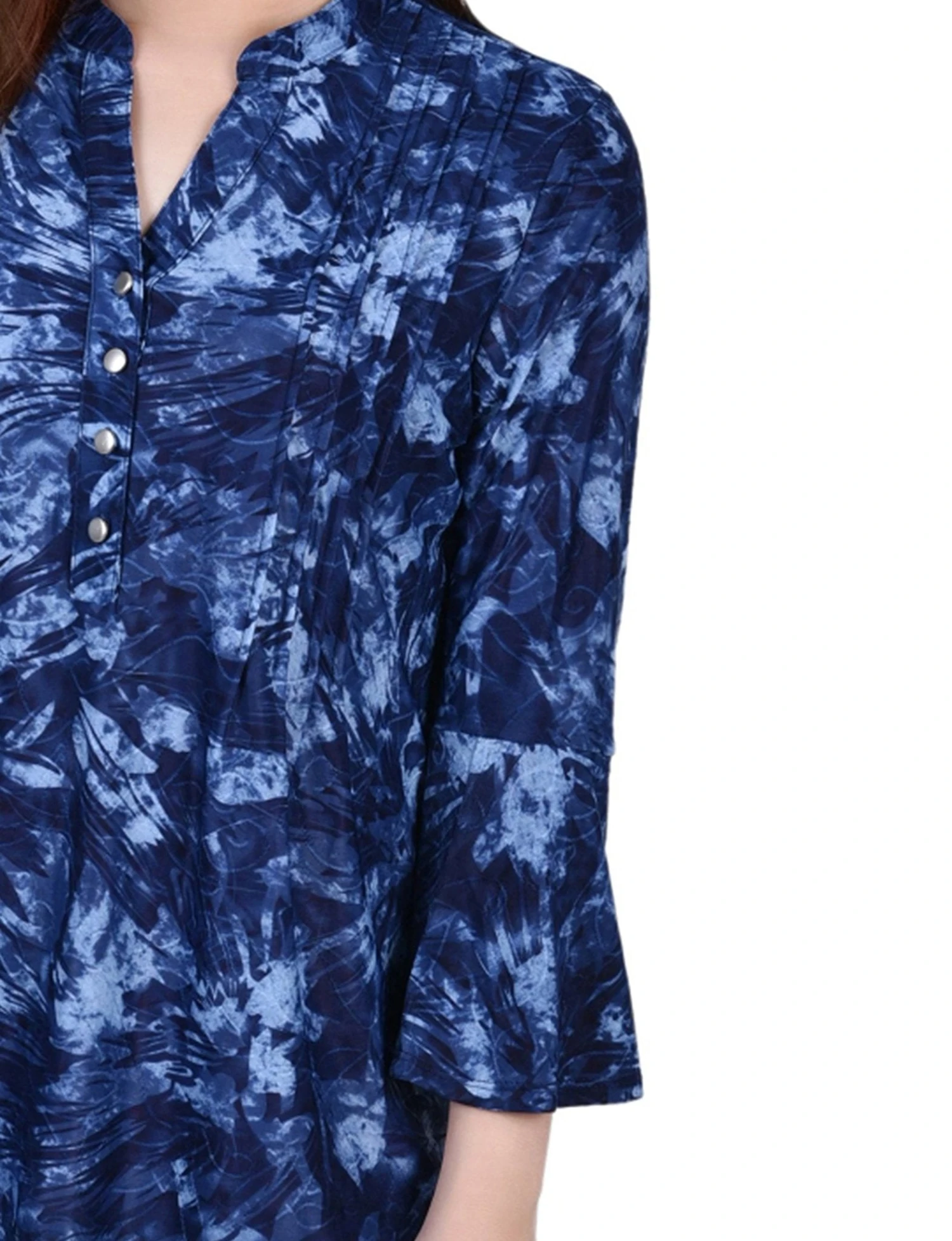 Denim Tie Dye 3/4 Bell Sleeve Pleat Front Y Neck Top 3 Denim Tie Dye 3/4 Bell Sleeve Pleat Front Y Neck Top - Image 3