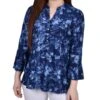Denim Tie Dye 3/4 Bell Sleeve Pleat Front Y Neck Top