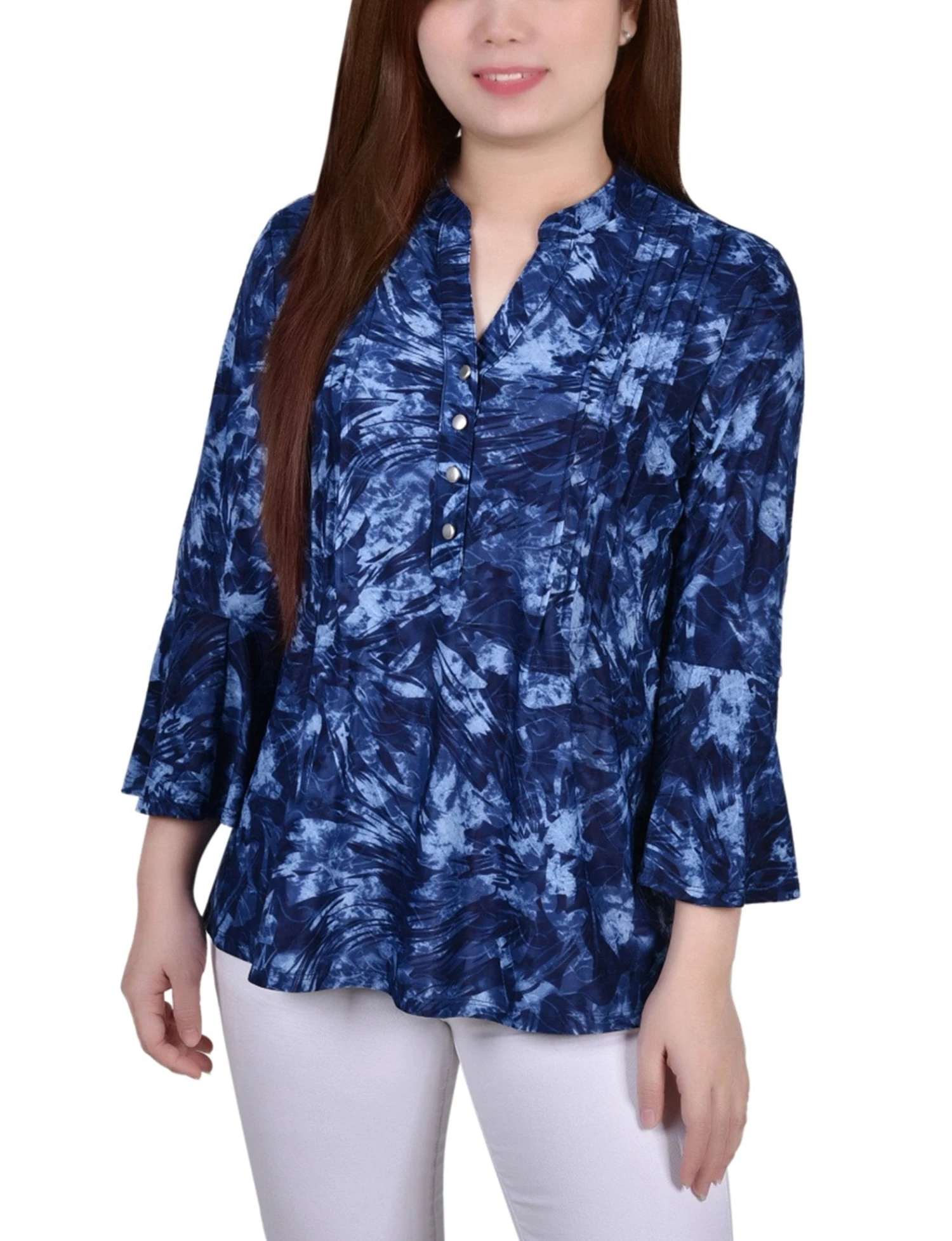 Denim Tie Dye 3/4 Bell Sleeve Pleat Front Y Neck Top 1 Denim Tie Dye 3/4 Bell Sleeve Pleat Front Y Neck Top